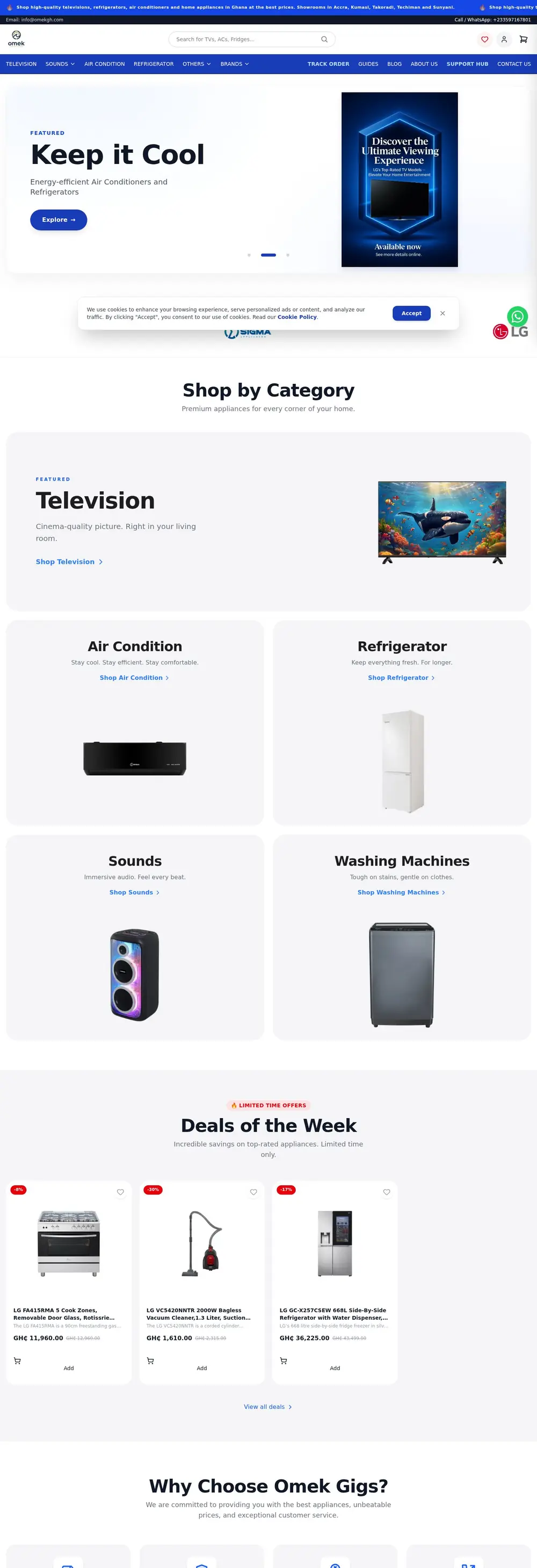 The live Omek Gigs Appliances home page on a desktop
