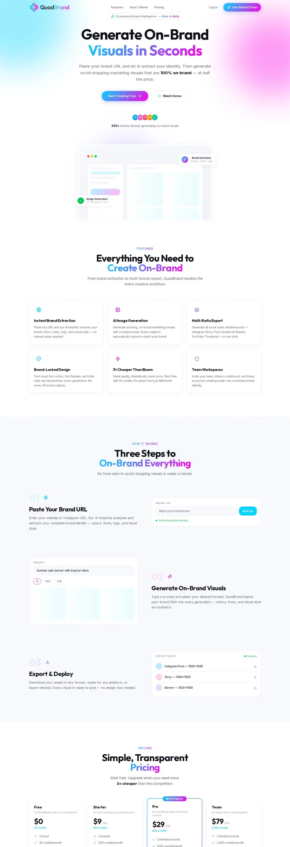 QuadBrand home page for on-brand AI marketing visuals