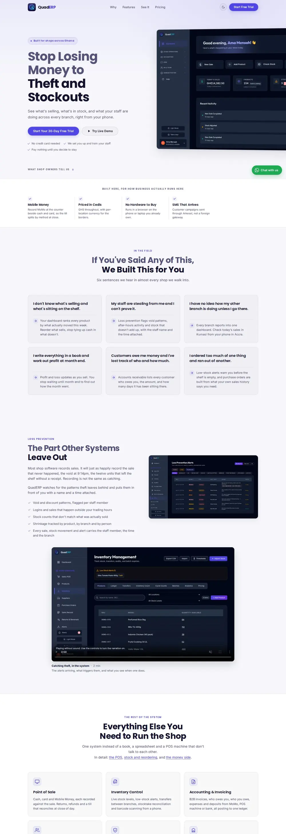 QuadERP landing page for shop owners, with the 30-day trial offer