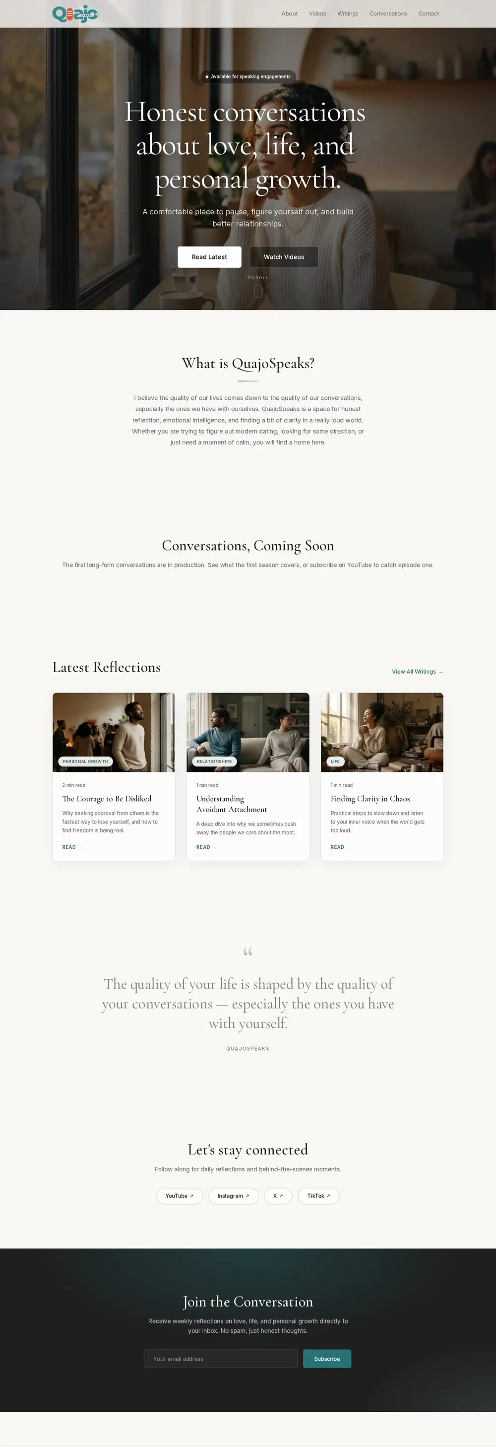 QuajoSpeaks home page with essays on relationships and growth